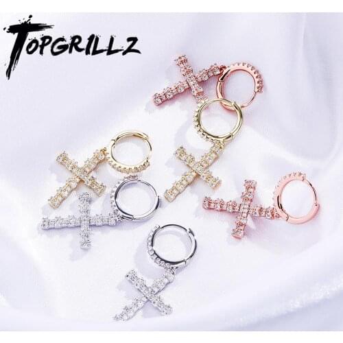 TOPGRILLZ Minimalist Cross Earrings Ice Cubic Zirconia Earrings Hip Hop Jewelry