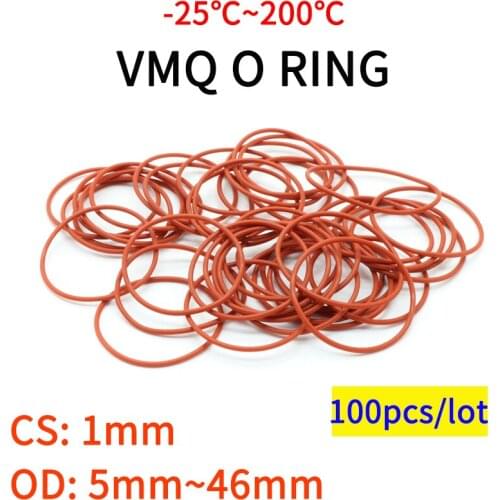 100pcs VMQ O Ring Seal Gasket Thickness CS 1mm OD 5 ~ 46mm Silicone Rubber Insulated Waterproof Washer Round Shape Nontoxi Red