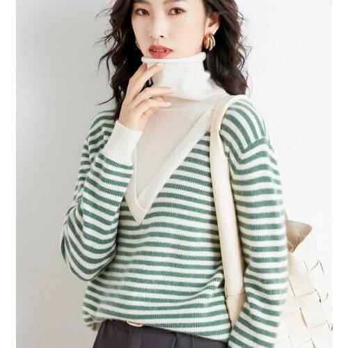 Wool Pullovers Women Soft V-Neck And Turtleneck Sweaters Chic Daily Tops Womens Striped Fake Two Piece Pullover Knitted Outwear