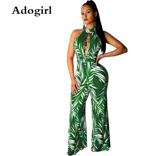 Sexy Open Back Jumpsuit Halter Cut Out Green Leave Pattern Long Wide Pants Rompers Womens Jumpsuit Overalls Summer Outfits