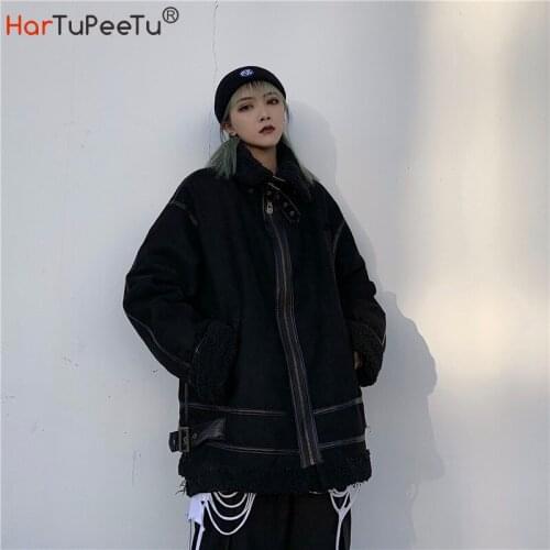 Winter 2020 Black Jacket Women Oversize Harjuku Warm Faux Fur Suede CamoFleece Coat Thick Preppy Style Overcoat for Girls