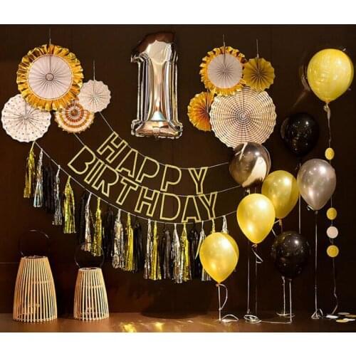 AVEBIEN Golden Glitter Paper Pull Flower Hollow Happy Birthday Letter Bunting Banner Hanging Strips Party Decoration Pull Flag
