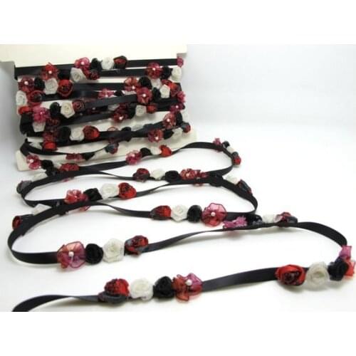 Black & Red Flower Rococo Ribbon Trim|Decorative Floral Satin Ribbon|Scrapbook Materials|Clothing|Decor|Craft Supplies