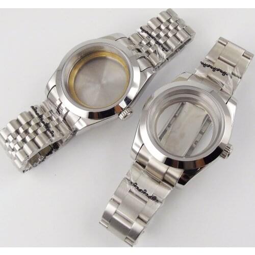 Stainless Steel Black Mechanical Men Watch Case Oyster Bracelet for NH35 NH36 Flat Saphire Glass Seeing Back Screw