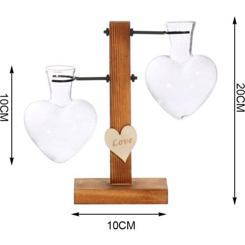 Heart Design Glass Test Tube Vase Flower Pots Plant Hydroponic Bonsai Pot With Wooden Tray