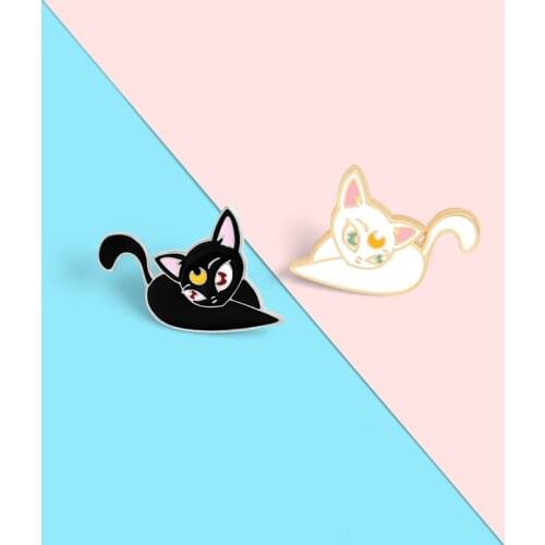 Luna Cat Enamel Pin Moon Girl Kitten Brooches Bag Lapel Pin Black White Animal Badge Jewelry Gift for Kids Fans Friends