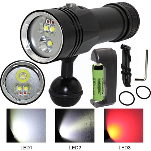 5 LED Photography Video Light Diving Flashlight 3x XM-L2 White+ 2x XPE Red Waterproof torch Underwater Lamp +18650 +Charger