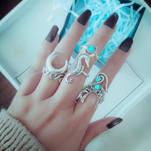 Abdoabdo New Joint Rings For Women Exaggerated Hippocampus Moon 6-piece Ring Anillos De Acero Inoxidable Para Mujer