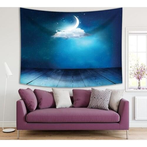 Tapestry Crescent Moon on A Cloud Against Starry Night Sky View From Wooden Deck Lunar Calendar New Month Blue White