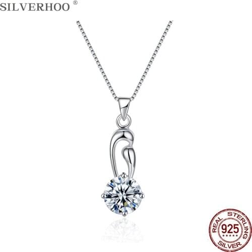SILVERHOO 925 Sterling Silver Simple Clear Large Cubic Zirconia Pendant Necklaces For Women Fine Jewelry Valentines Day Gift