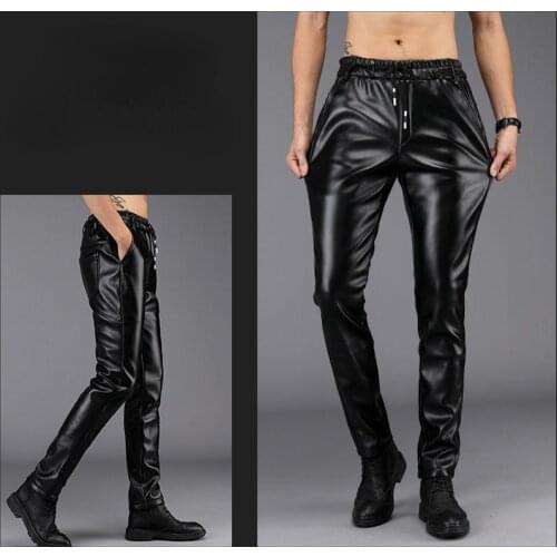 Leather Pants Mens Stretch Slim-Fit Winter Fleece-Lined Thickened Riding Tight Feet Warm Man Leather Motorcycle Pants Waterproof