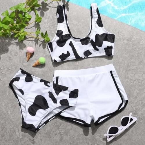 Girls' Summer Cute Crisscross Back Cow Floral Print Three-piece Swimsuit Bikini Set Beach Swimming Suit Купальник Для Девочки