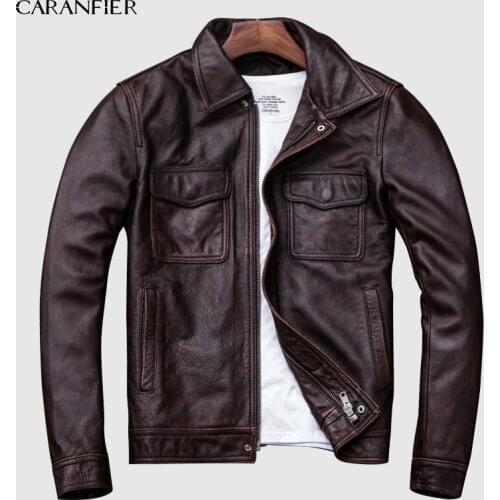 CARANFIER Brand Vintage Leather Jacket Men 100% Cowhide Red Brown Black Natural Leather Jackets Mens Leather Coat Autumn M174