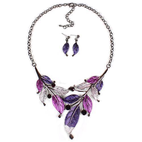 Classic Colorful Leaf Rhinestone Alloy Drop Necklace Earrings Jewelry Set