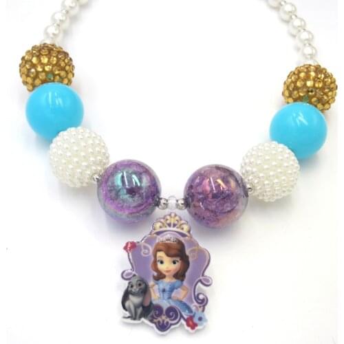 Princess Sofia Design Charm Pendant Necklace Toddler Girls Lovely Hand Made Purple Chunky Bubblegum Necklace Baby Birthday Gifts