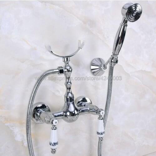 Polished Chrome Wall Mounted Bathroom Faucet Bath Mixer Tap With Hand Shower Head Shower Faucet Kna264