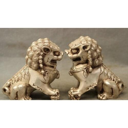 Crafts Arts Folk Chinese Silver Wealth Brass Foo Fu Dog Lion Statue Brass Animals Pair