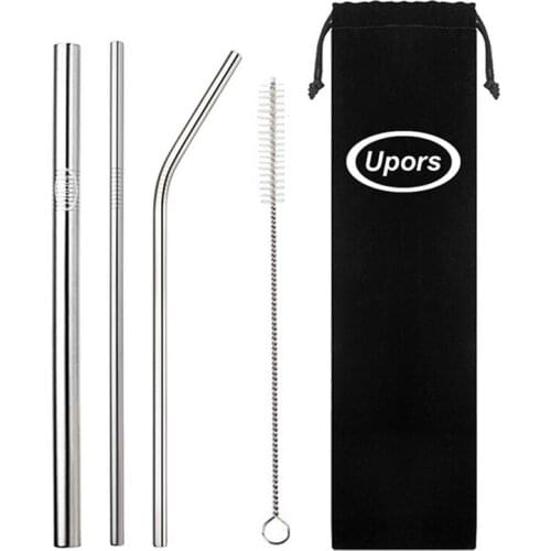 UPORS 5Pcs/Set Stainless Steel Straw 215mm Reusable Drinking Straws with Cleaning Brush and Bag Metal Straw Set for Mug Bar Tool