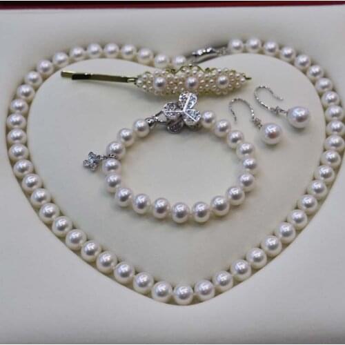 Gorgeous pearl sets white fresh water pearl necklace bracelet earring & brooch