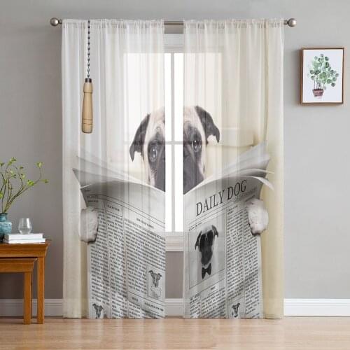 Funny Newspaper Dog Window Treatment Tulle Modern Sheer Curtains for Kitchen Living Room the Bedroom Curtains Decoration