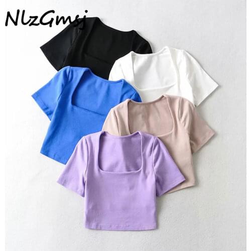 Nlzgmsj Za T shirt Womens T-shirt 2021 Summer Women Square Neck Knitted Short Sleeve Top Rib Knitted T-shirt 202104
