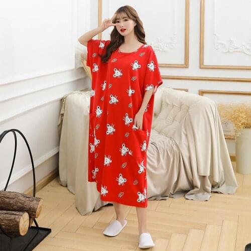 Oversized female nightdress short-sleeved summer red cartoon sleep dress fat mm plus fat plus size plus size loose nuisette