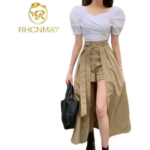 2020 New Fashion Summer Puff sleeve Womens Elegant White Blouses + High Waist split Long skirt Two Piece Set Female Suit