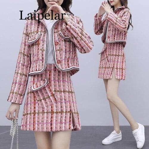 2020 autumn and winter wool coat and short skirt two-piece set female outfits ol warm plaid buttons 2pcs set