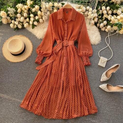 Spring And Summer French Vintage Maxi Dress 2021 Sundress Ladies Long Sleeve Orange Polka Dot Chiffon Pleatedslim fit Dresses