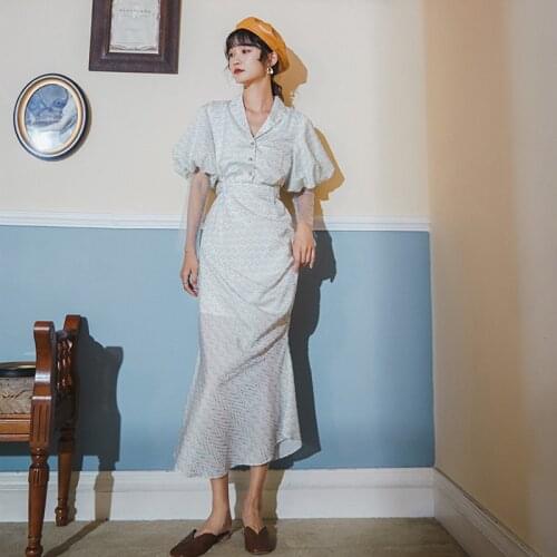 Color Striped Jacquard Retro Elegant Puff Sleeve Fishtail Dress 2021 Summer Chic Party Dress Vestido de mujer