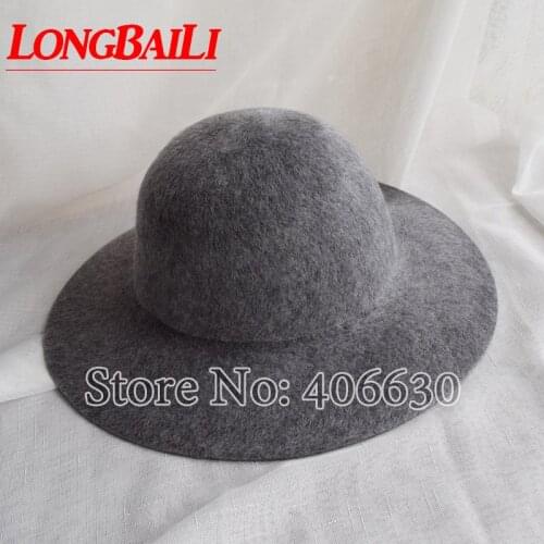 Winter Elegant Women Plain Wool Felt Fedora Hats Wide Brim Round Top Chapeu Feminino Free Shipping BMDW036