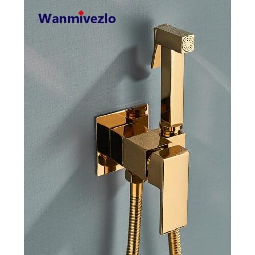 Golden Bidet Shower Faucet Solid Brass Bidet Faucet Muslim Ducha Higienica Hot Cold Water Square Shape Mixer Tap Toilet Faucets