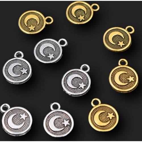 WKOUD 20pcs Silver Color Moon & Star Charm Vintage Bracelet Necklace DIY Metal Jewelry Round Alloy Pendant 13*11mm A1919
