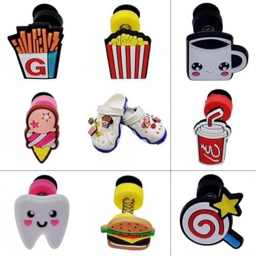 8PCS Kids Favor Toys Gifts Fast Food Hamburger Cola Ice Cream Shaking Clogs Charms Noding Sandals Decorations