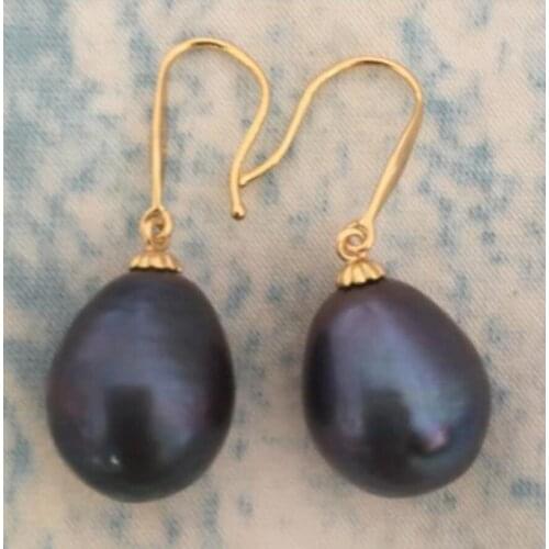 Free Shipping charming pair of 11-13mm south sea baroque black pearl earring 14k/20