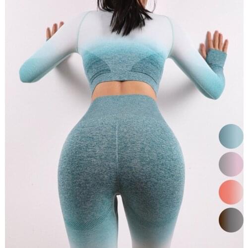 2 Piece Set Ombre Seamless Women Sport Suit Gym Workout Clothes Long Sleeve Fitness Crop Top And Scrunch Butt Leggings Yoga Set