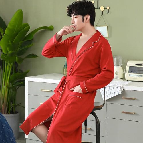 Spring Autumn New Knitted Cotton Bathrobe Mens Sleep Lounge Kimono Bath Robes masculino Dressing Gown Red Sleepwear Men Fashion