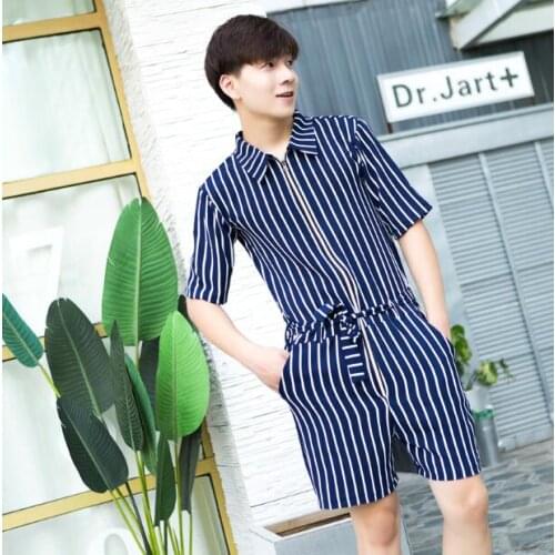 Summer new tide mens show shorts short-sleeved tooling jumpsuit jumpsuit jumpsuit clothes zipper original