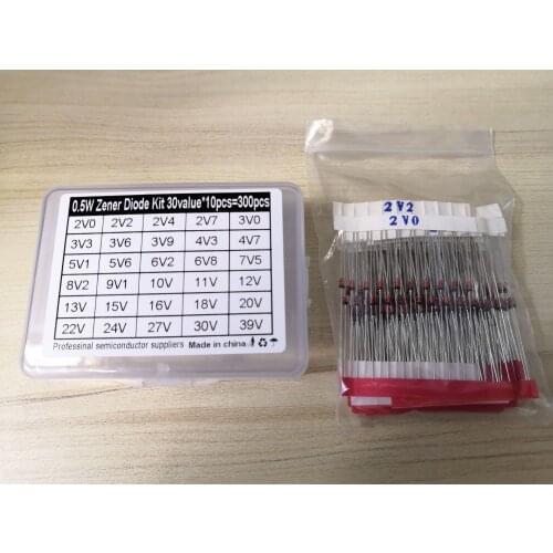 0.5W Zener Diode kit 2V-39V 30Values*10pcs=300pcs Voltage Regulator Assort 2.2/2.4/2.7/3/3.3/3.6/3.9/4.3/4.7/5.1/5.6/6.2/6.8/V