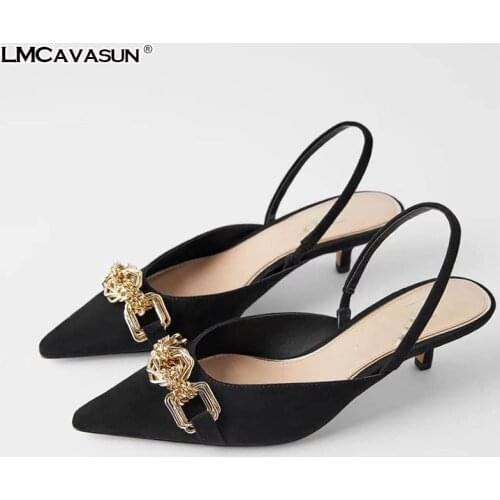 LMCAVASUN coherer Chain women dress shoes pointed toe thin heel women slingbacks