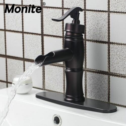 Monite Black Solid Brass Waterfall Bathroom Oil Rubbed Bronze Cover Plate Hose Deck Mounted Basin Faucets Mixer Tap