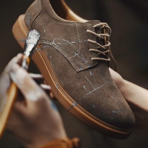 Maden Mens Boots 2021 Handcrafted Graffiti Casual Cow Suede Flat Round Toe Shoe Trend Low-top Retro British Style Handmade shoe