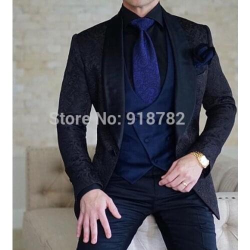 Costume Homme 2019 New Design Terno Black Coat Pant With Blue Vest 3 Piece Suit Men Groom Suit Tuxedo Wedding Suits For Men