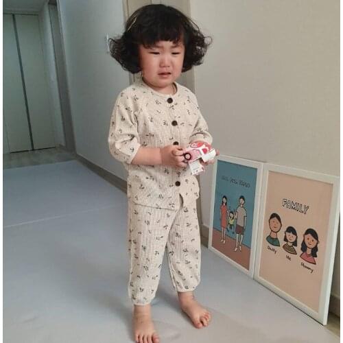 2021 New girls boys 2 pcs set floral shirt +long pants cotton summer Fashion babys pajama Suits