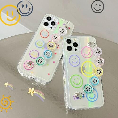 Fashion Cute Smiley aurora chain Wrist Bracelet Clear Phone case for iphone 12 Pro Max 11 pro max X XS XR 7 8 Plus SE 2020 Cover