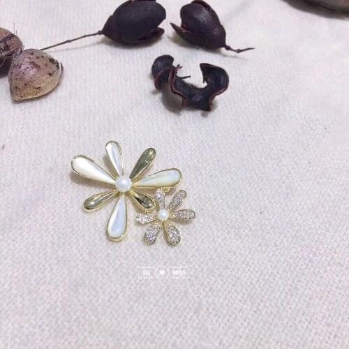 Romantic Shell Crystal CZ stone Flower Brooches for women and men wedding jewelry Gift Double Flower Brooch pins Free Shipping