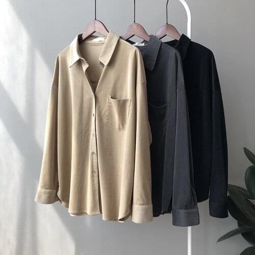 Autumn Corduroy Shirt Women 2020 New Loose Shirtwaist Winter Solid Long Sleeved Button Shirts Jacket Pocket Casual Tops Oversize