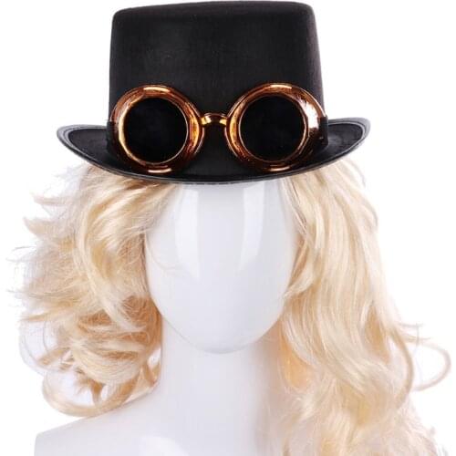 Q1FA Victorian Steampunk Gothic Top Hat with Detachable Goggles Non-Woven Plastic Bowler Jazz Cap Halloween Cosplay Carnival
