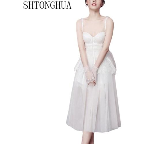 SHTONGHUA Sexy Strapless Dress 2019 Summer Women Spaghetti Strap Mesh Lace Patckwork Holiday Dress Layers Ruffles Party Dress