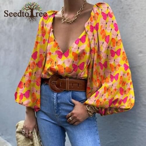 Chic Butterfly Print Lantern Sleeve Sexy Deep V Neck Blouse Tops Women